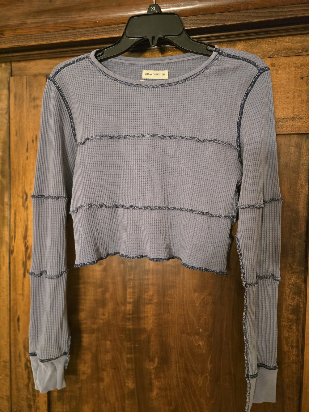 Urban Outfitters Steel Blue Long-Sleeve Waffle Crop Top